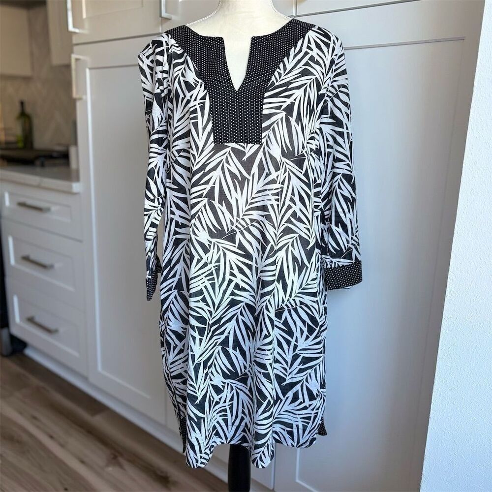 Talbots Women's L Black Leaf Print Tunic Dress V-Neck Long Sleeve Casual